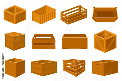 Wooden boxes. Delivery containers, empty wood boxes and parcels, packed shipping crates isolated vector illustration set. Cargo distribution packs for food and products transportation