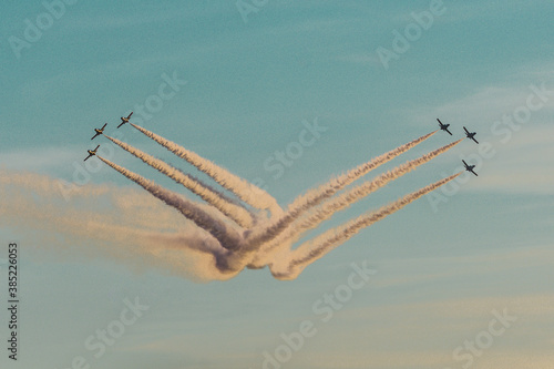 Barcelona, Spain; August 6 , 2018: Acrobatic airplanes in the blue sky.  C-101  photo