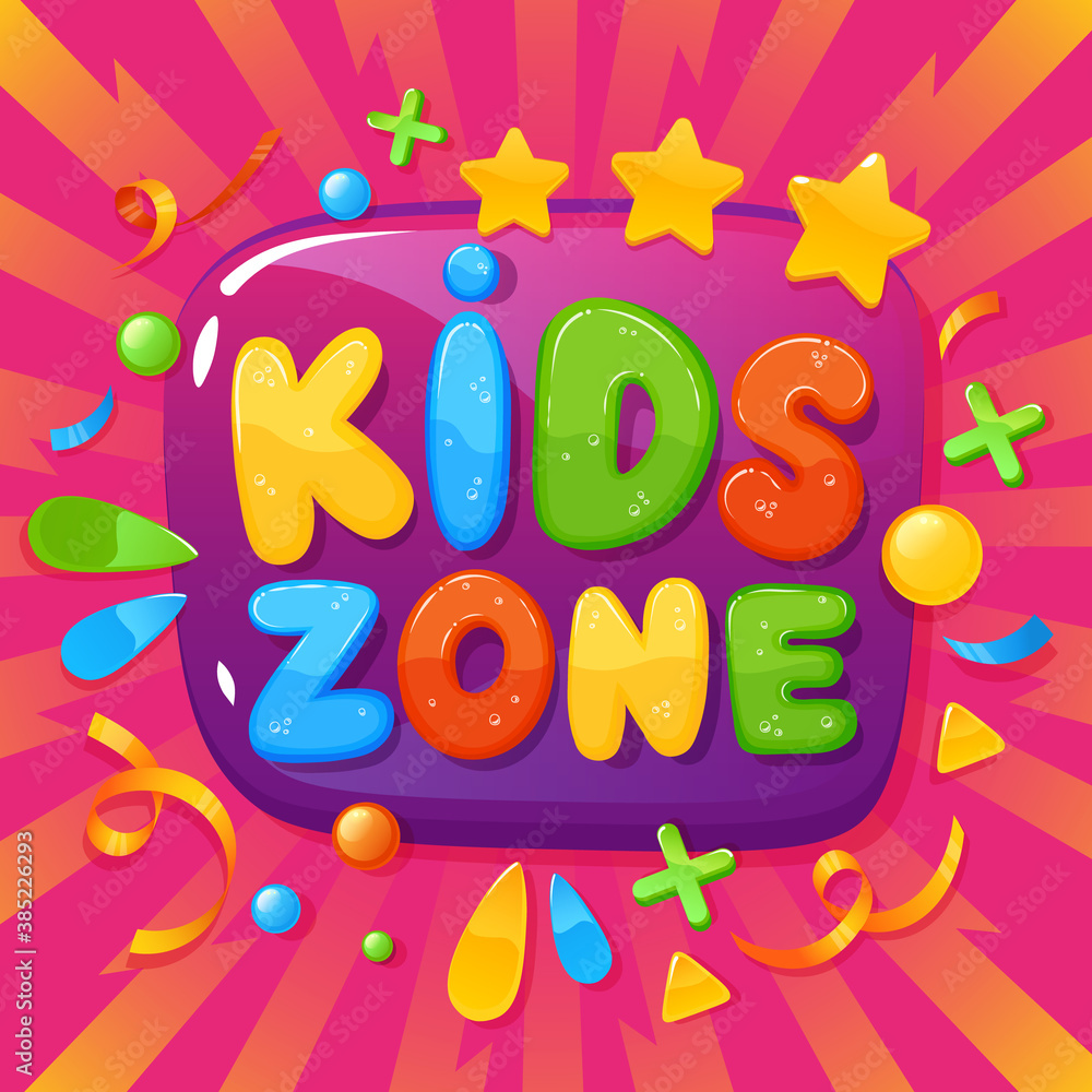 Kids zone banner. Children playroom poster, childish party, fun games decoration, kids club fun playing zone poster vector background illustration. Entertainment for boys, girls, preschool education