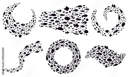 Fish schools. Groups of sea fish silhouettes, ocean circle and wave spawning fishes colony, marine symbols vector illustration set. Swimming in round and wavy form, marine life on white
