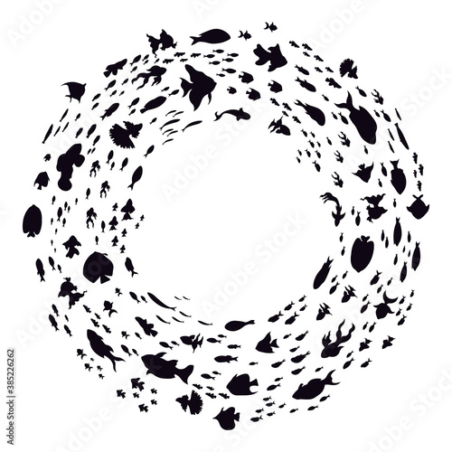 School of fish silhouettes. Sea round fishes colony, ocean fish schools, cute little fishes swim in circle isolated vector illustration. Aqua ecosystem, deep underwater life for logo