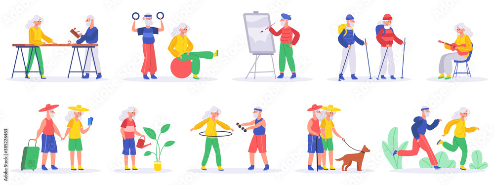 Fototapeta premium Elderly people hobby. Senior people retirement exercising and engage in creative activities, healthy, active pensioners vector illustration set. Grandparents painting, watering plants