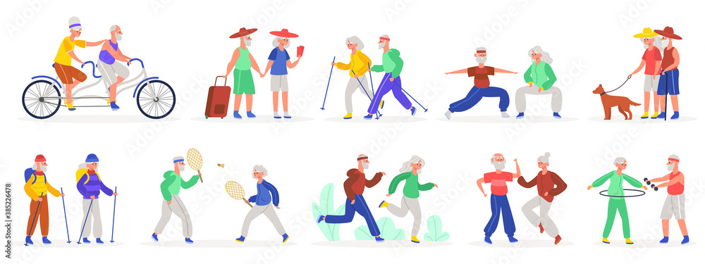 Active elderly couples. Senior elderly couple, healthy sporty grandmother and grandfather, old people dancing and jogging vector illustration set. Characters riding bicycle, exercising, walk with pet