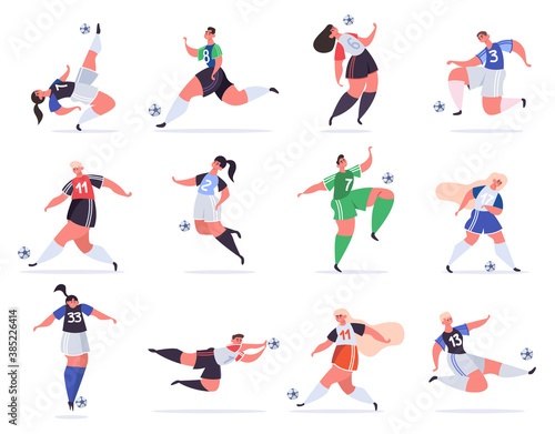 Sport football people. Soccer male and female characters, football people kicking ball, professional sportsmen vector illustration set. Characters playing in uniform, different positions