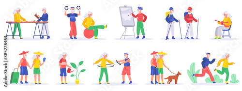 Elderly people hobby. Senior people retirement exercising and engage in creative activities, healthy, active pensioners vector illustration set. Grandparents painting, watering plants