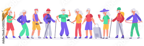 Elderly people. Crowd of active senior elderly people, healthy grandmother, grandfather recreation, old men and women vector illustration set. Character holding selfie stick, holding luggage