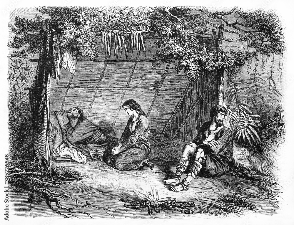 poor woman assisting suffering sick man under a shelter in forest. Ancient grey tone etching style art by Castelli, published on Le Tour du Monde, Paris, 1861