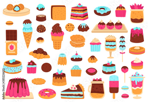 Sweet desserts. Bakery sweets, muffin cakes, ice cream, hand drawn candies, chocolate bar and macarons. Cute sweets vector illustration set as croissant and cookie, cupcake and donut
