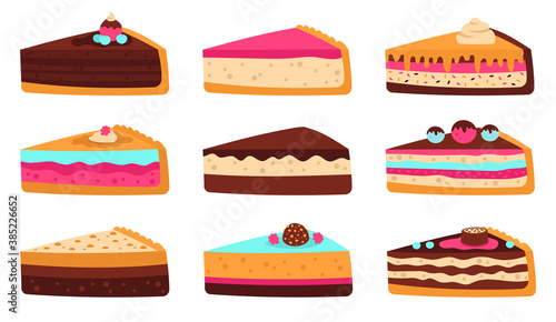Cake slices. Sweet sliced birthday pie, cheesecake, layered sponge cake, delicious pastry glaze fruit, chocolate dessert vector illustration set. Dessert for celebration with caramel and candy