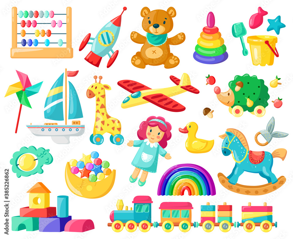 Cartoon baby toys. Child toys, bear, doll, logic toys, train, boys and girls inventory for kids games and entertainment vector illustration set. Rocket and aircraft, boat and giraffe