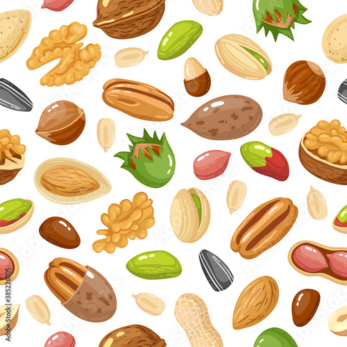 Seeds and nuts pattern. Nut, grain and seed seamless pattern, hazelnut, nut food pistachio and sunflower seed vector background illustration. Healthy food for dieting, organic snack