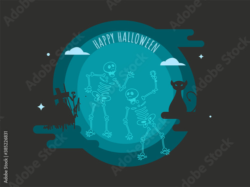 Happy Halloween Poster Design with Skeletons Dancing, Cat and Tombstone on Teal and Dark Grey Background.