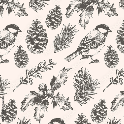 Seamless Christmas pattern with blue and green fir branches, cones and berries.
