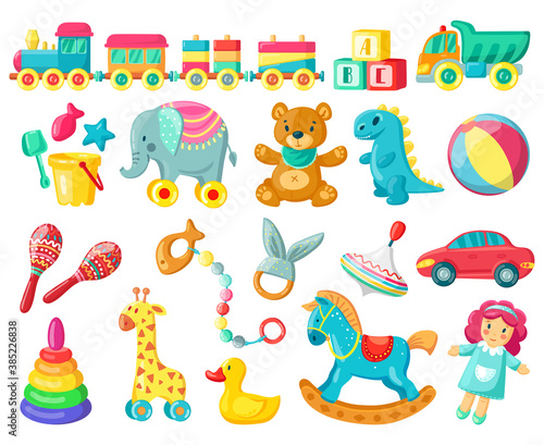 Cartoon kids toys. Baby plastic and wooden toys, bear, ball and doll, kids game activity, child fun and activity vector illustration symbols set. Entertainment for boys and girls, car and duck