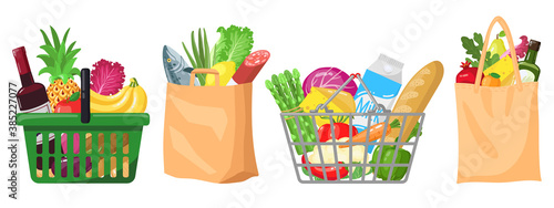 Supermarket grocery bags. Shopping baskets and bags, plastic, paper purchases packages, shopping bags with organic foods vector illustration set. Buying food in market, fruit and vegetable