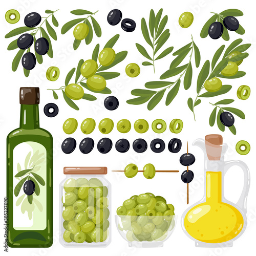 Cartoon olive. Black and green olives, olive tree branches and extra virgin olive oil, healthy organic olive products vector illustration set. Agricultural ripe plant, bowl and jar with food