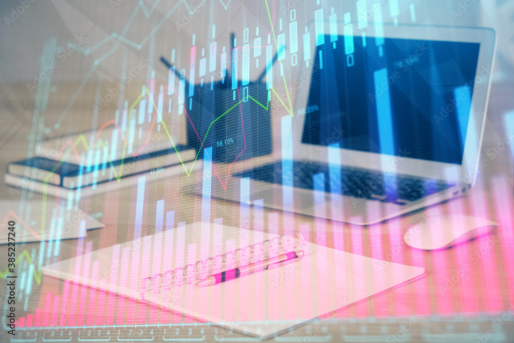 Stock market graph and table with computer background. Multi exposure. Concept of financial analysis. Stock market graph and table with computer background. Multi exposure. Concept of financial analysis.