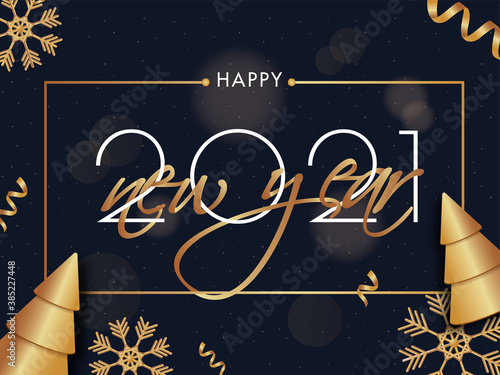 2021 Happy New Year Text with Golden Xmas Trees, Snowflakes and Ribbon on Grey-Blue Background.