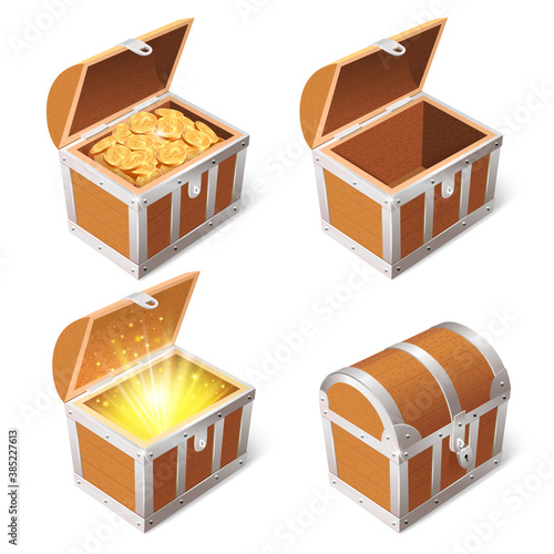 Realistic treasure chest. Wooden 3d antique pirate chest, closed and opened vintage wood treasure chest isolated vector illustration icons set. Golden sparkling coins in box, shining light