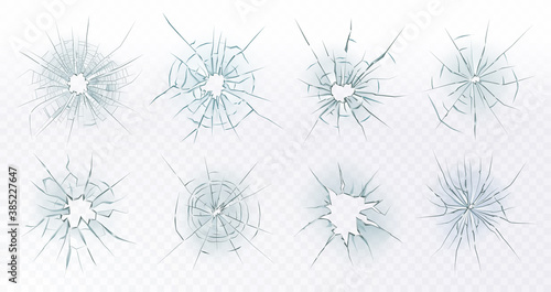 Broken glass. Cracked window glass, damaged shattered ice surface, crack hole computer screen 3D isolated vector illustration symbols set. Bullet marks on glass or car windshield with fissures