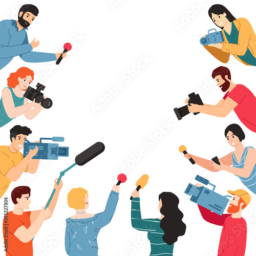 Press conference. Journalist characters with microphone, camera and voice recorders, mass media interview, press conference vector illustration. Videographers holding camera, giving reportage