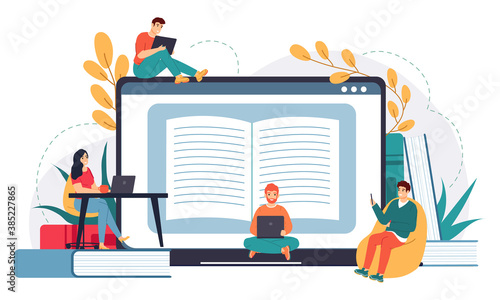 Online business school. Distance education, web courses or tutorials, e-learning, business meeting or online video conference vector illustration. Students working on gadgets as laptop, tablet