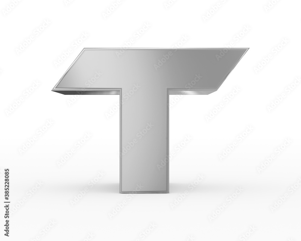 Letter T - metal silver futuristic 3d font standing isolated on white background Letter T - metal silver futuristic 3d font standing isolated on white background