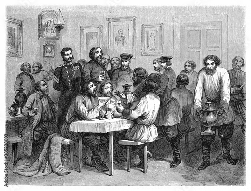 People drinking and entertaining in a interior comfortable meeting place in Saint Petersburg, Russia (public place as cabaret), published on Le Tour du Monde, Paris, 1861