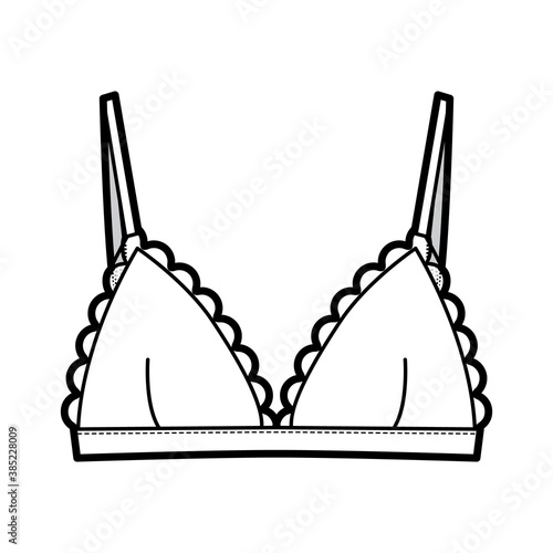 Triangle Bra lingerie technical fashion illustration with adjustable strap, hook-and-eye closure, scalloped cups. Flat brassiere template front white color style. Women men unisex underwear CAD mockup