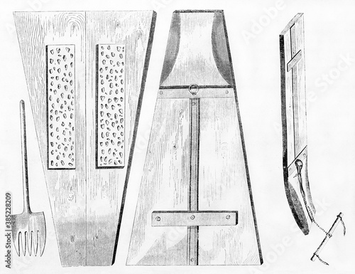 Isolated on white background Turkish tools for threshing barley and wheat. Ancient grey tone etching style art by Pelcoq, published on Le Tour du Monde, Paris, 1861 photo