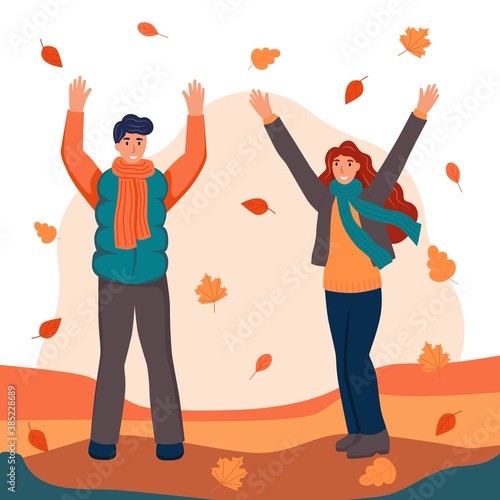 A couple of lovers walking and tossing fallen leaves in the autumn Park. The concept of Dating, autumn. Flat cartoon vector illustration.