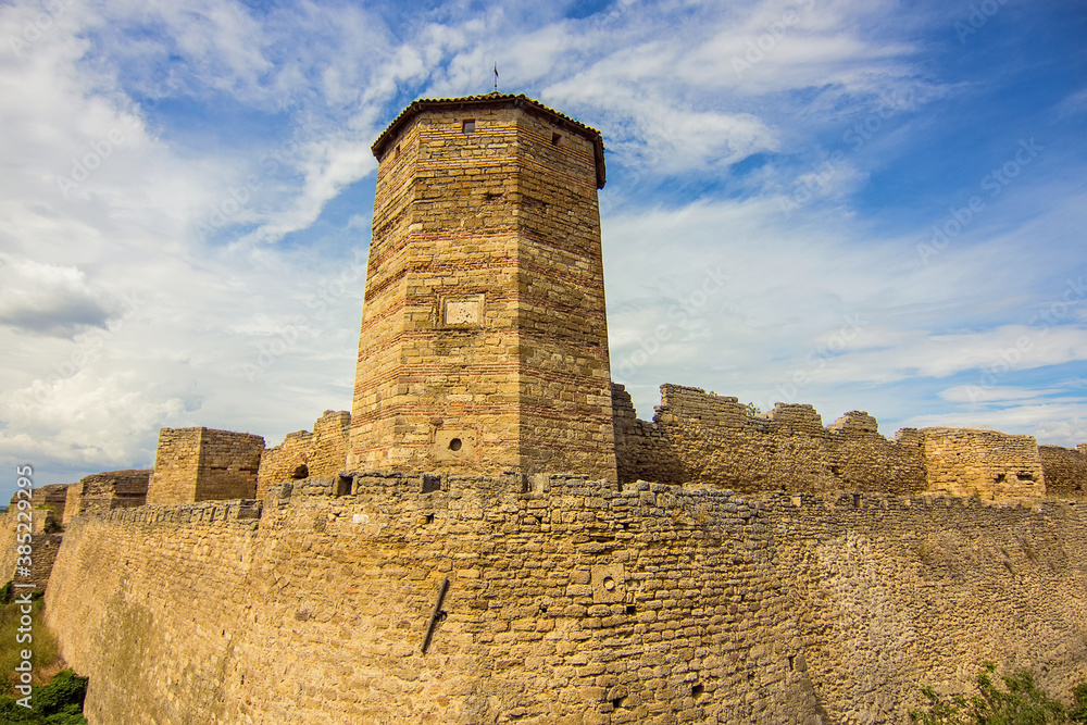 Tower and walls of Akkerman fortress (also known as Bilhorod-Dnistrovskyi fortress) in the city of Belgorod-Dniester, Ukraine. The ruins of an ancient fortress. Ukrainian landmark