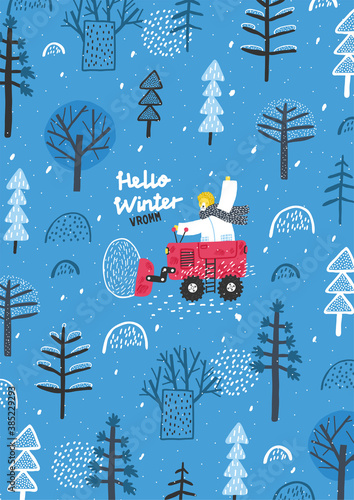 Funny lion rides through the forest on a bulldozer. Winter forest landscape. Snow removal. Winter postcard.