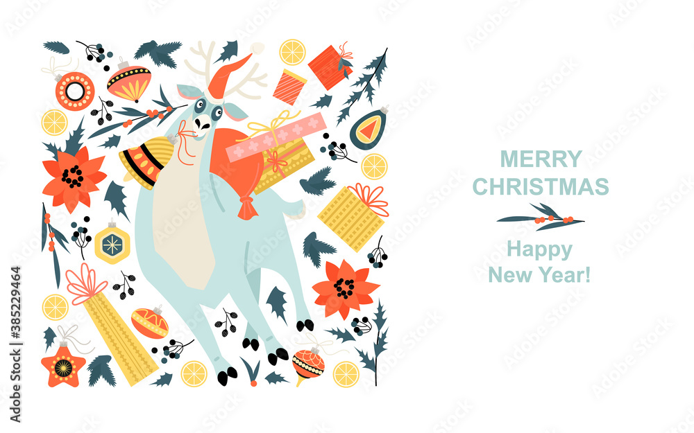 Merry Christmas and Happy New Year greeting banner with funny reindeer, gifts and decorations
