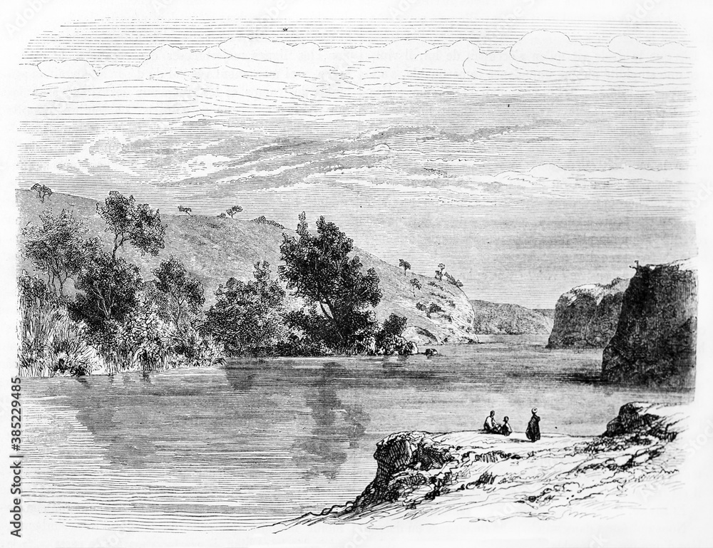 Large landscape view of Atbarah river and his calm water among shores, Ethiopia. Ancient grey tone etching style art by Girardet and Gaucherd, Le Tour du Monde, Paris, 1861 - obrazy, fototapety, plakaty 