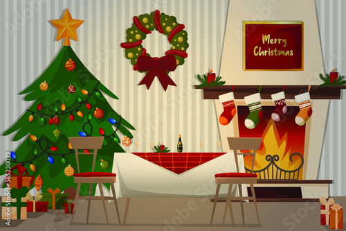 Vector illustration of inerrier. Homemade family dinner. Fireplace, Christmas tree, festive table and gifts. © Svetlana