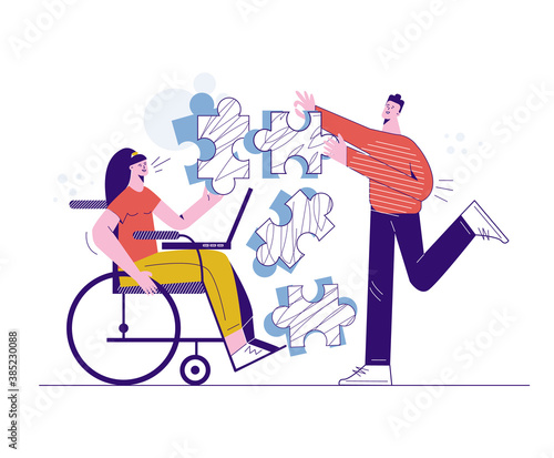 Healthy and disabled characters technology team work concept