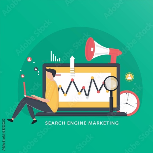 Search engine marketing concept illustration with a man working. Search engine analytics. market strategy business search engine optimization.