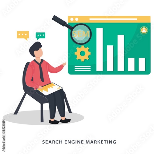 SEM or search engine marketing concept illustration with a man working. Search engine analytics. Vector isolated concept creative illustration