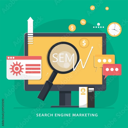 SEM or search engine marketing concept illustration. Search engine analytics. Vector isolated concept creative illustration.