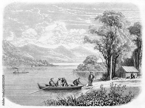 people boarding on a canoe in the flat waters of vast Lake Champlain, United States of America. Ancient grey tone etching style art by Grandsire, Le Tour du Monde, Paris, 1861 photo