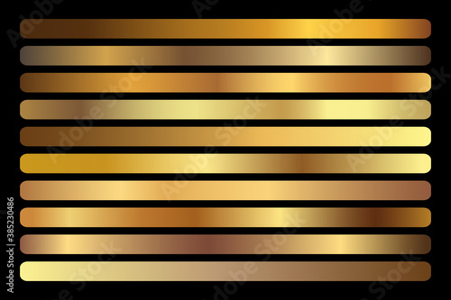 Gold Gradient vector set. Shiny, elegant golden, bronze, copper gradation colors