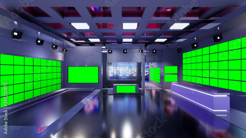 3D Virtual TV Studio News with green screen  3d illustration