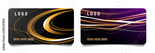 Set of bank credit cards or discount programme cards with abstract illustration background of bright dynamic lines on dark backdrop