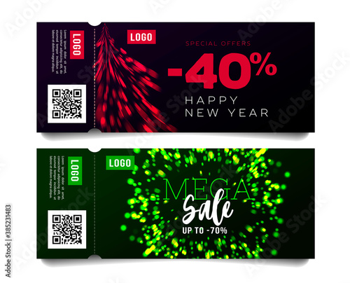 Festive vouchers, promo for the sale event with torn off part with qr code, abstract illustration of christmas tree and fireworks or wreath in green and red cocolrs