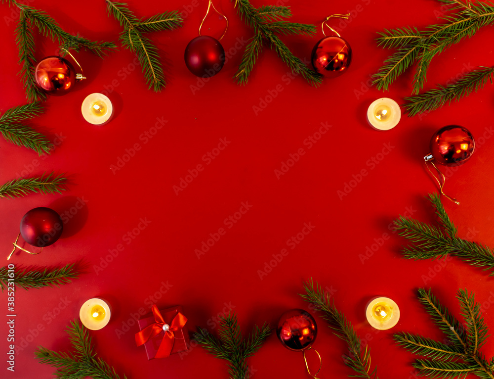 Christmas card, banner, flatlay with copy Space on a red background Christmas card, banner, flatlay with copy Space on a red background