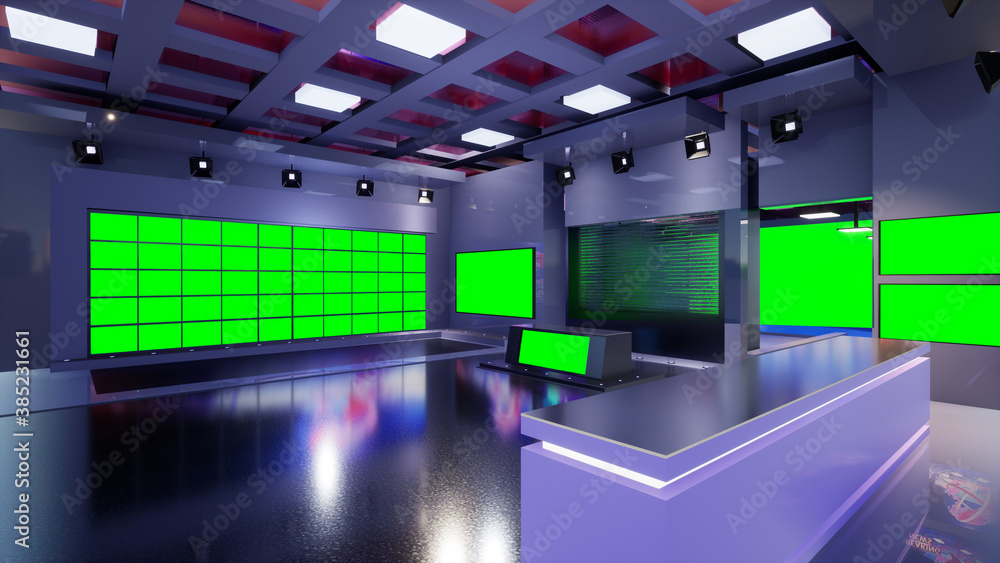 3D Virtual TV Studio News with green screen, 3d illustration 3D Virtual TV Studio News with green screen, 3d illustration