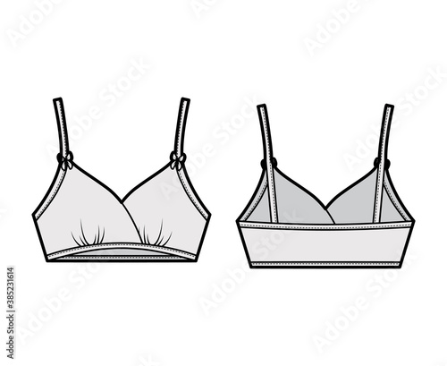 Training Bra lingerie technical fashion illustration with bow, Wire-free, under-chest band. Flat sports brassiere template front, back grey color style. Women men unisex underwear CAD mockup