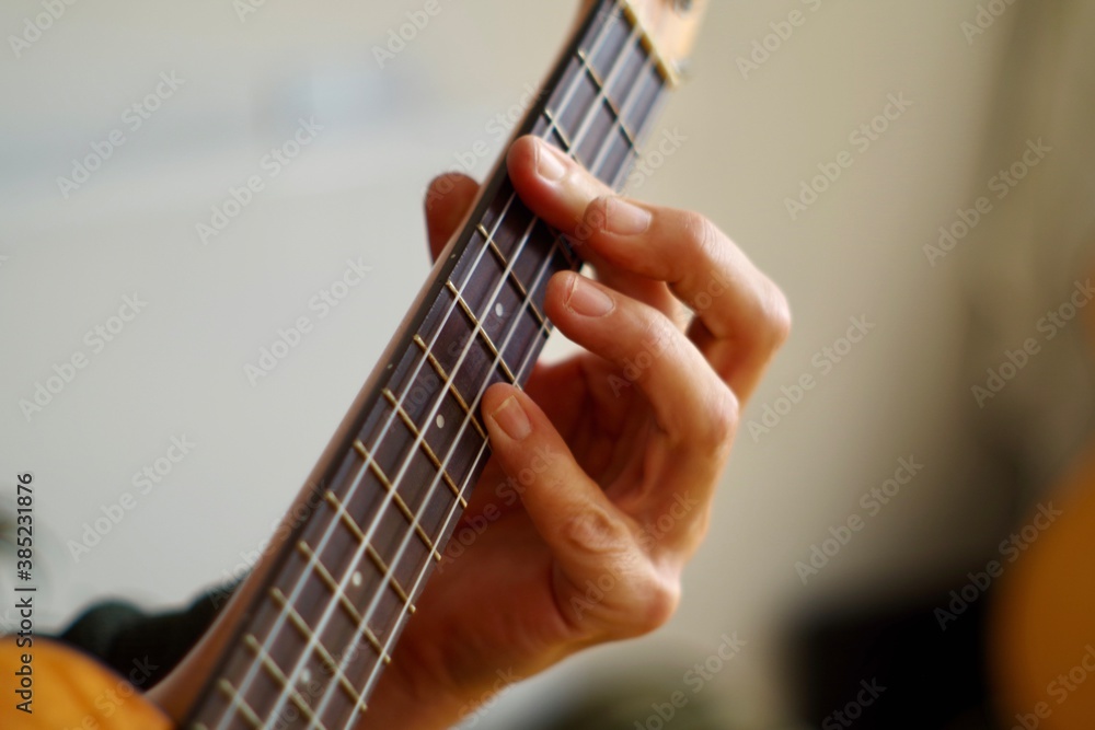 Fototapeta premium close up of a hand playing the ukulele guitar