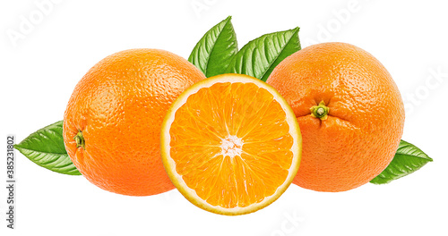 Juicy oranges with leaves isolated on white background with clipping path